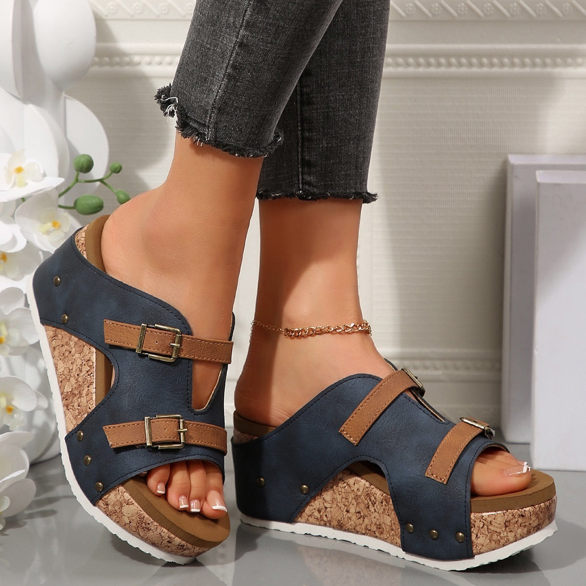 Sandales Compensées Élégantes Femme Grande Taille à Bout Ouvert